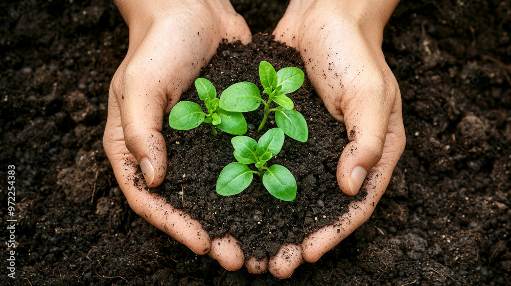 Hands nurturing a young plant in the soil, symbolizing growth, care, and connection to nature Hands nurturing a young plant in the soil, symbolizing growth, care, and connection to nature