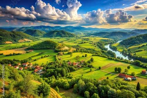 tranquility, peaceful, wide-angle, forests, fields, mountains, A wide angle stock photo showcasing the breathtaking nature and picturesque panorama of the Serbian countryside