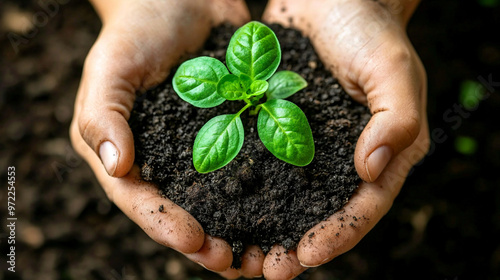 Hands nurturing a young plant in the soil, symbolizing growth, care, and connection to nature