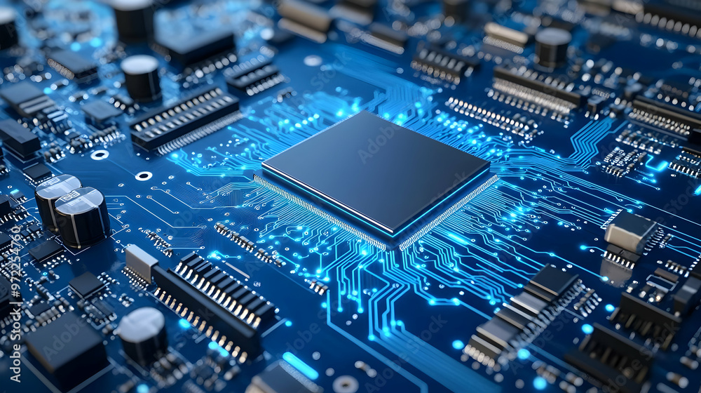 Closeup of a Circuit Board with a Processor Chip and Glowing Blue Traces Closeup of a Circuit Board with a Processor Chip and Glowing Blue Traces