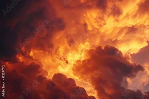 A plane flies through a cloudy orange sky with some sunlight breaking through