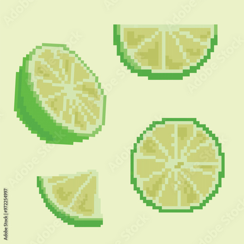 Pixel icons of half of juicy green lime and its slices on light green background. Perfect for tropical designs, packaging, textiles and creative digital projects.