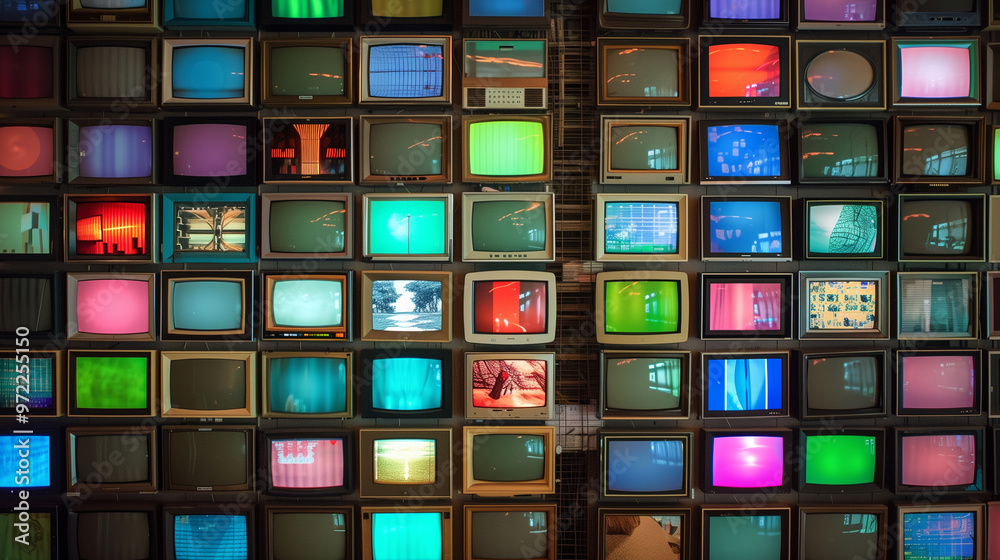 Wall of televisions displaying various colorful broadcasts. Wall of televisions displaying various colorful broadcasts.