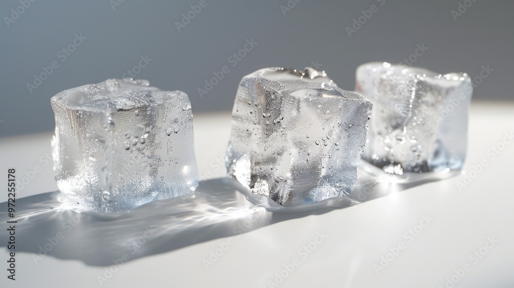 Three ice cubes sitting on a table, perfect for cold drinks or decorative purposes Three ice cubes sitting on a table, perfect for cold drinks or decorative purposes