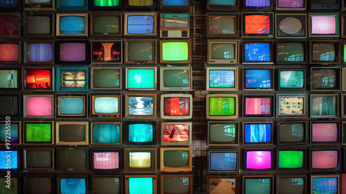 Wall of televisions displaying various colorful broadcasts.