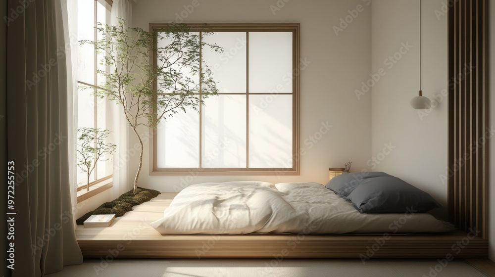 A compact modern Japanese bedroom with a relaxing window seat and white wall backdrop A compact modern Japanese bedroom with a relaxing window seat and white wall backdrop
