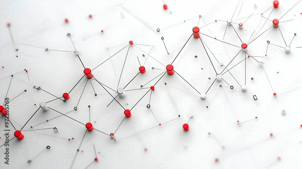 Abstract 3D Rendering of Red and White Cylinders Connected by Lines on a White Background, Representing a Network or Connection Abstract 3D Rendering of Red and White Cylinders Connected by Lines on a White Background, Representing a Network or Connection