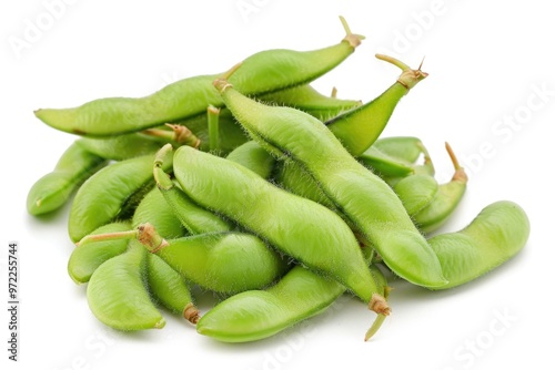 A pile of fresh soybeans on a clean white surface, ideal for food or agriculture related uses photo