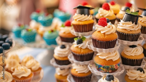 Graduation party dessert table with small cupcakes, each topped with miniature graduation cap, symbolizing celebration and academic achievement