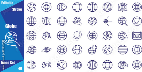 Globe and planet related editable stroke outline icons set isolated on white background flat vector illustration.