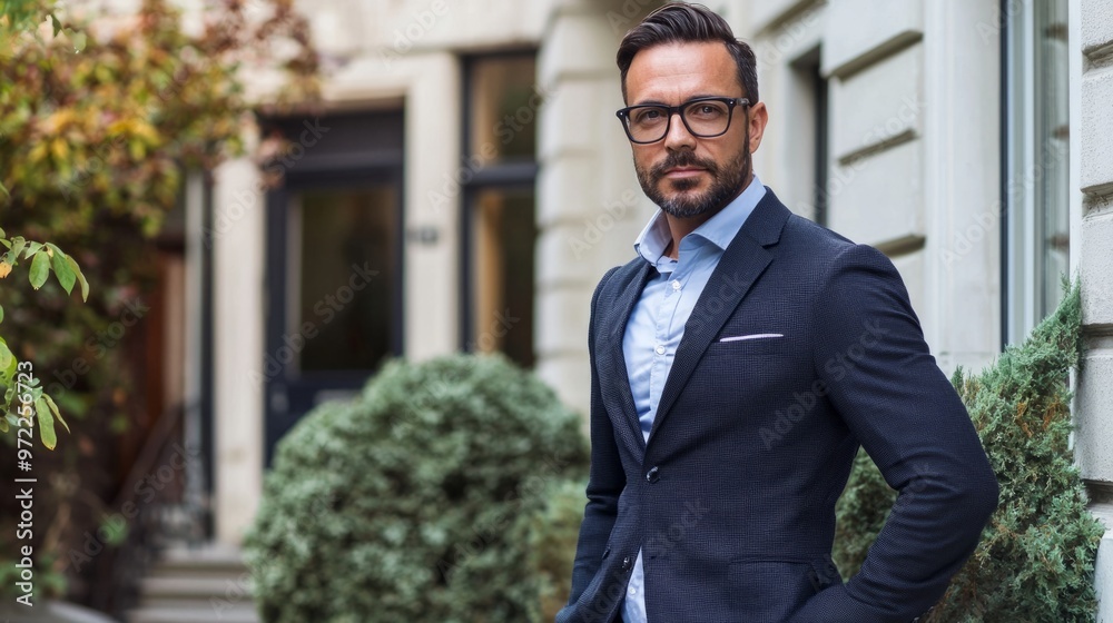 Confident business man in glasses and suit using tablet outdoors with modern office building in background. Concept of professional success, technology, and business lifestyle. Confident business man in glasses and suit using tablet outdoors with modern office building in background. Concept of professional success, technology, and business lifestyle.