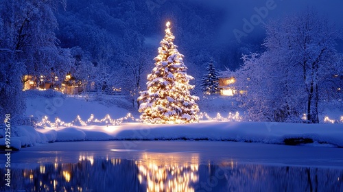 Obraz na płótnie snowy shining Christmas tree on the shore of a lake with snow-covered trees w salonie