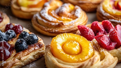 Delicately Crafted Danish Pastries Showcased with Assorted Fruits, Perfect for a Bakery Display or Breakfast Table. Danish Pastry, Fruit, Bakery, and Breakfast Concepts.