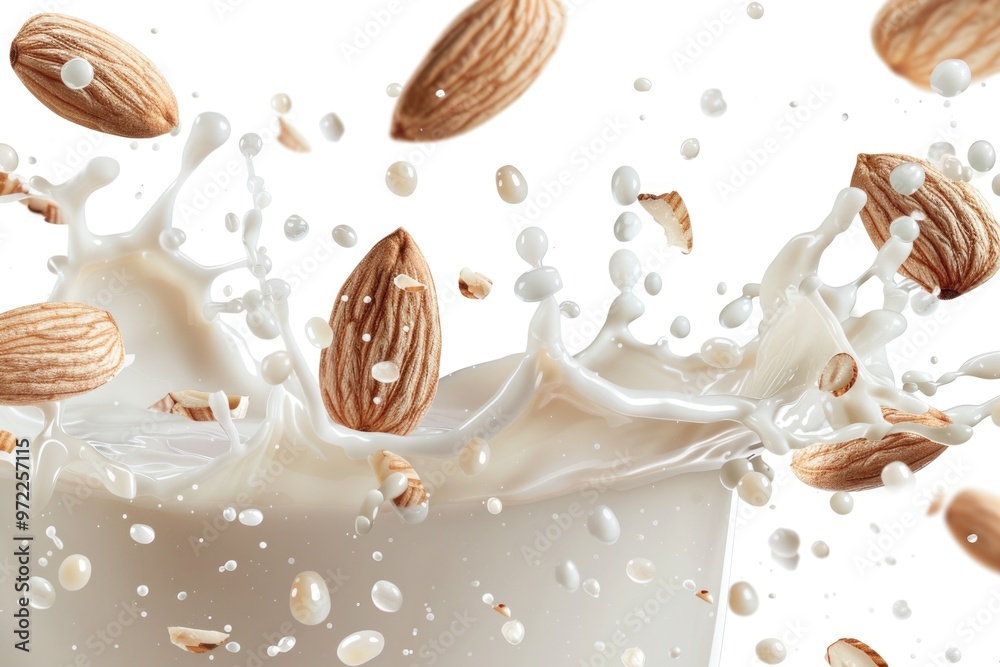 Fresh almonds falling into a glass of milk Fresh almonds falling into a glass of milk