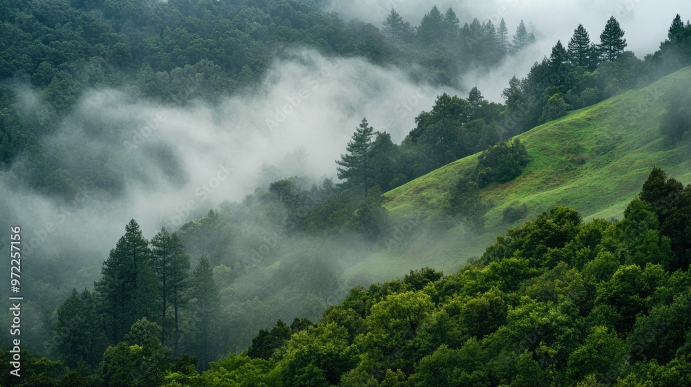 A foggy forest at the edge of a green hillside, with the mist enveloping the trees A foggy forest at the edge of a green hillside, with the mist enveloping the trees