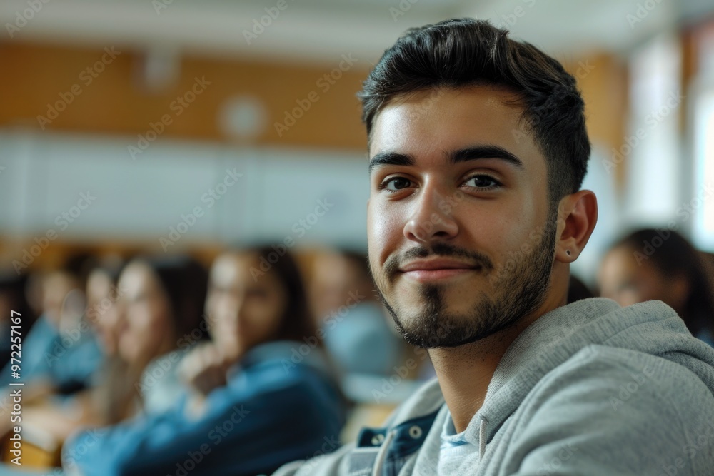 Fototapeta premium A man sits among a crowd of people, addressing them with confidence