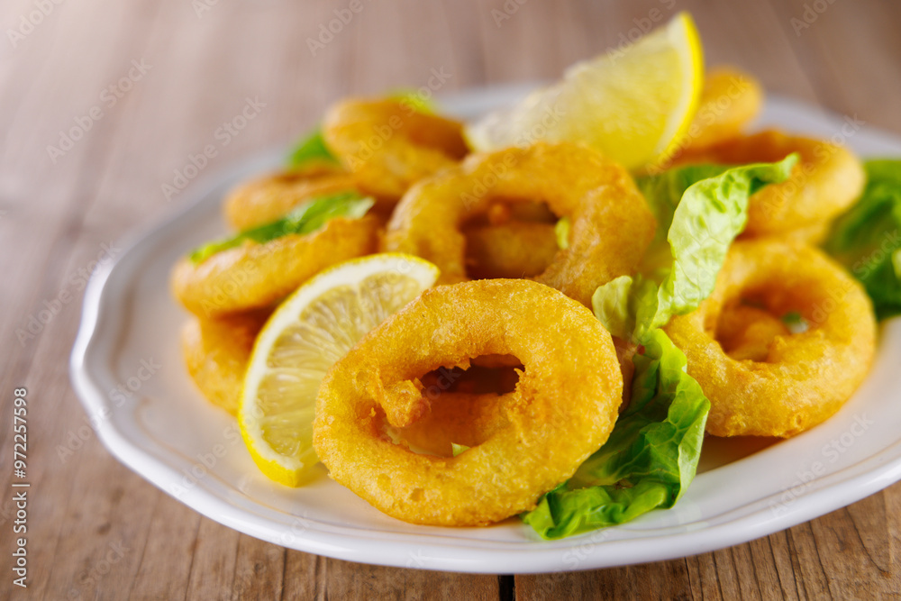 Crispy Fried Calamari Rings with Lemon and Food on a Table Crispy Fried Calamari Rings with Lemon and Food on a Table