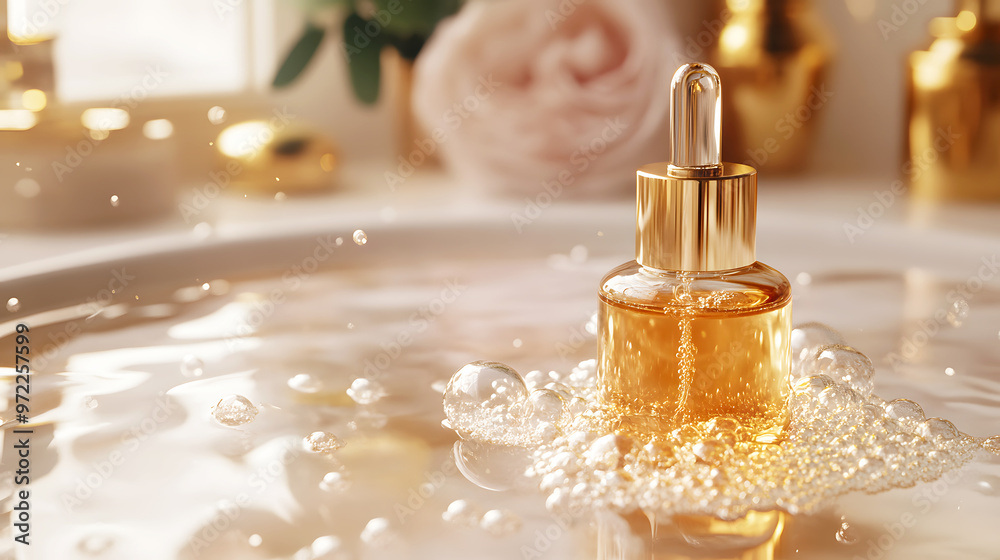 Hyaluronic acid bubbles and collagen drops in an elegant serum, with the liquid reflecting the light of a luxurious Hyaluronic acid bubbles and collagen drops in an elegant serum, with the liquid reflecting the light of a luxurious