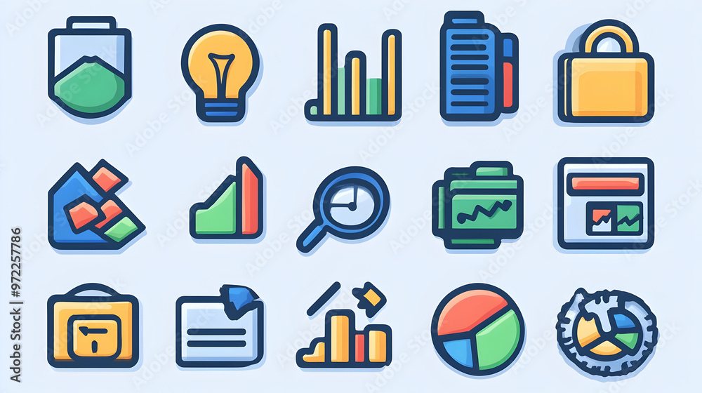 Collection of Colorful Business and Finance Icons with a Light Blue Background Collection of Colorful Business and Finance Icons with a Light Blue Background