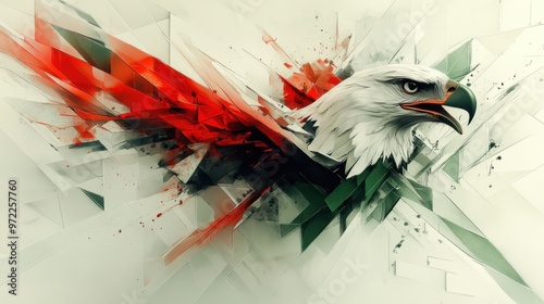 Abstract eagle with vibrant wings on geometric background showcasing dynamic motion and color photo