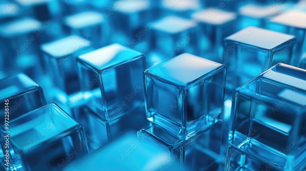 A close-up shot of many small, blue, glass cubes arranged in an array. The cubes are reflecting light, and some of them are slightly out of focus. A close-up shot of many small, blue, glass cubes arranged in an array. The cubes are reflecting light, and some of them are slightly out of focus.