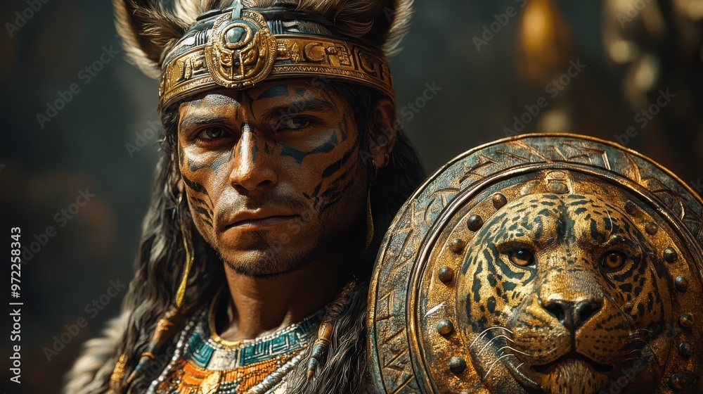 Fototapeta premium Indigenous warrior with face paint holding jaguar-themed shield in traditional attire outdoors