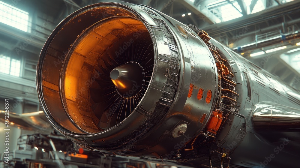 Close-up of a jet engine showcasing intricate design and engineering. Close-up of a jet engine showcasing intricate design and engineering.
