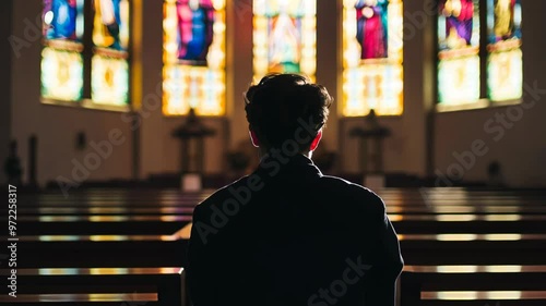 Man sitting in a church pew facing colorful stained glass windows
 photo