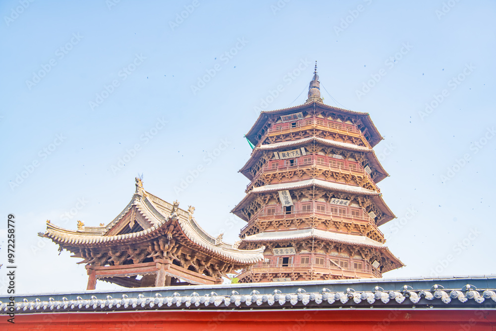Beautiful view of the wooden pagoda in Ying County, Shuozhou City, Shanxi Province, China Beautiful view of the wooden pagoda in Ying County, Shuozhou City, Shanxi Province, China
