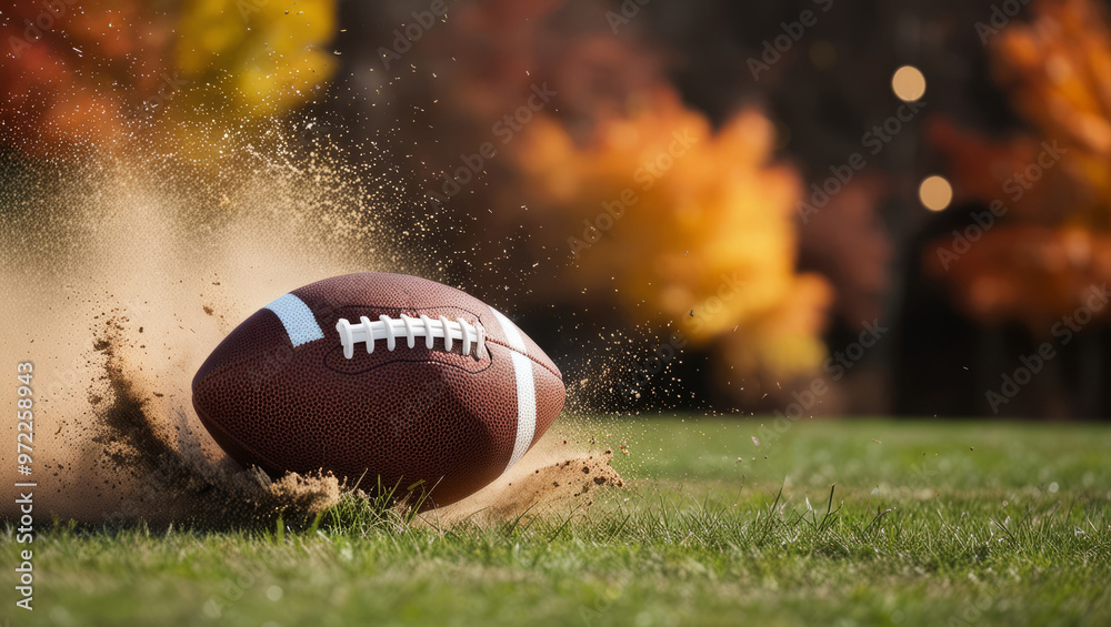 High-resolution photo of an American football in motion, taken as it hits the ground.