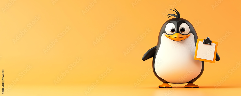 Naklejka premium A cheerful cartoon penguin holding a clipboard, standing against a bright orange background, perfect for fun and whimsical designs.