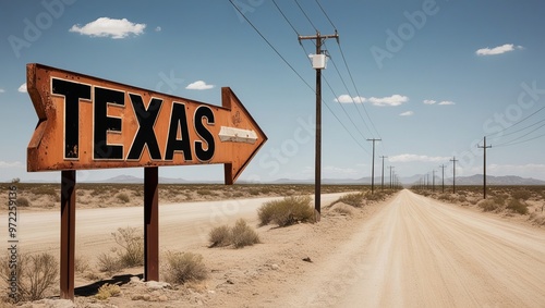 Landscape photograph of a dilapidated rural road sign with the word "TEXAS" in bold black capital letters.