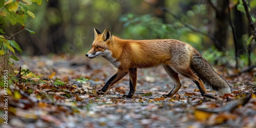 A red fox encountered on a forest path was startled and quickly withdrew as the photographer came closer, revealing the fox's natural habitat and elusive nature.