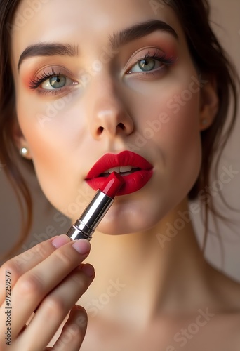 Portrait of a beautiful woman model applying a bright red lipstick, product photography for advertisement, fashionable model photo shoot in magazine