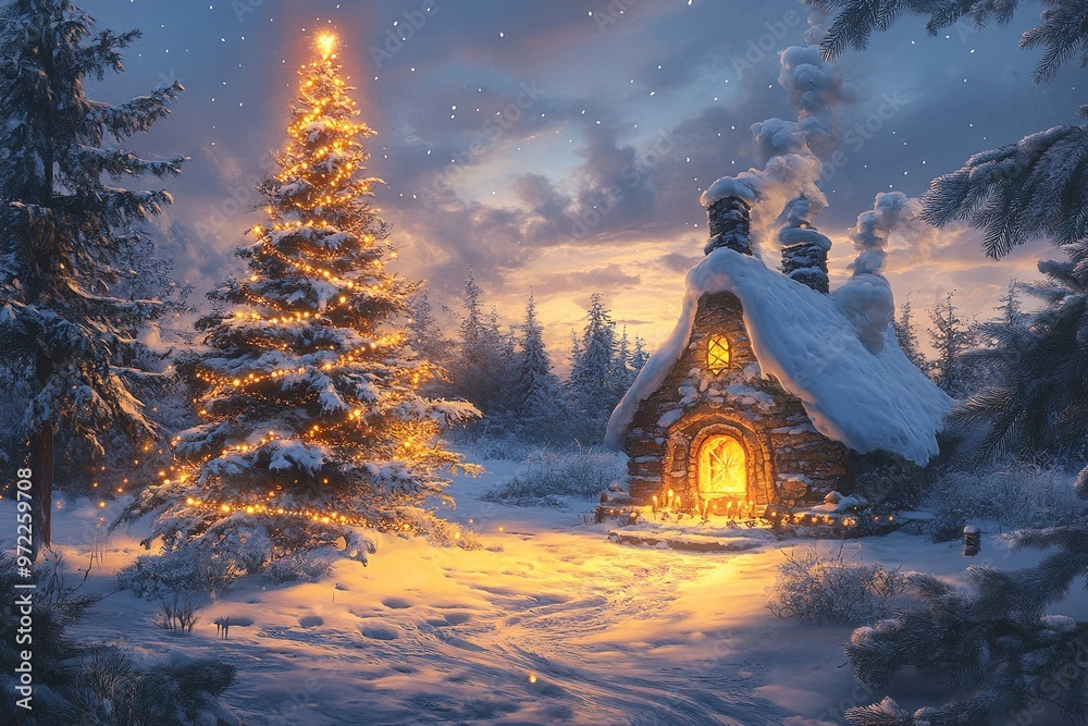 Illustration of a small rustic house in the middle of a snowy forest.winter solstice. Illustration of a small rustic house in the middle of a snowy forest.winter solstice.