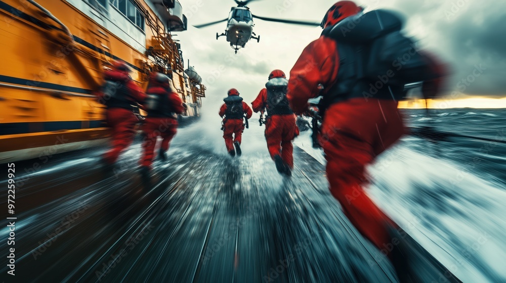 Obraz premium Rescue Team Boarding Helicopter for Sea Emergency. Rescue workers in red uniforms rush towards a helicopter on a ship’s deck, ready for an emergency mission at sea under turbulent conditions.