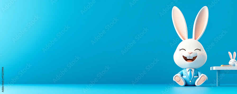 Obraz premium A cheerful cartoon rabbit character sits in a bright blue room, perfect for playful and whimsical designs.