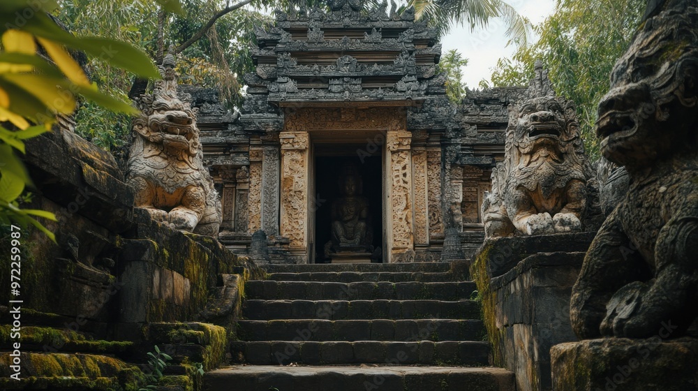 Obraz premium A stone temple entrance flanked by guardian statues, leading to a serene interior.