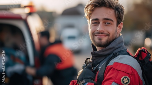 Confident Male Rescuer Preparing for Emergency Operation. Confident male rescuer in a red uniform smiles, standing in front of an ambulance while preparing for an emergency mission with his team. photo