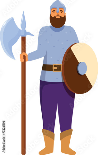 Cartoon character of a medieval warrior wearing chain mail holding an axe and shield