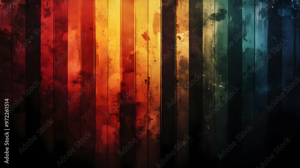 Abstract Background with Vertical Wooden Planks in a Rainbow Gradient of Red, Orange, Yellow, Green, and Blue Colors with a Dark, Almost Black Background Abstract Background with Vertical Wooden Planks in a Rainbow Gradient of Red, Orange, Yellow, Green, and Blue Colors with a Dark, Almost Black Background