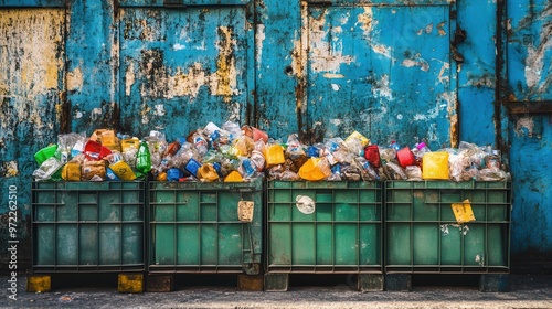 A vibrant scene of overflowing bins filled with colorful garbage against a textured blue wall, highlighting urban waste management issues.