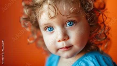 Portrait of an adorable toddler girl with blue eyes and curly hair, captured in close-up against the vibrant orange background