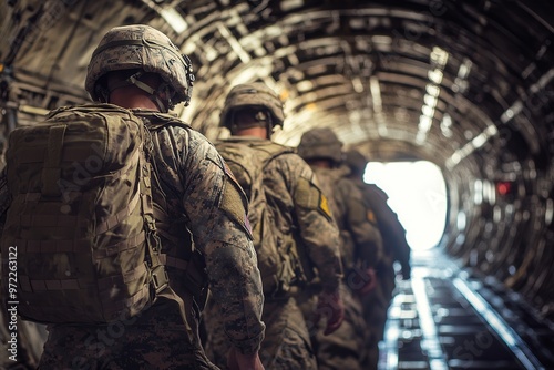 Soldiers in tactical gear embark on a military aircraft, preparing for their mission with determination and focus.