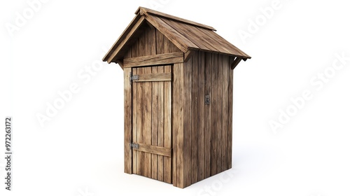 one single old rustic wooden outhouse isolated on white background photo