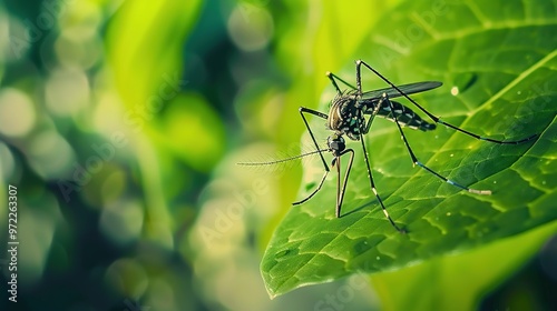 Mosquito resting on green leaf in forest setting, symbolizing potential transmission of West Nile virus, nature and health awareness concept.