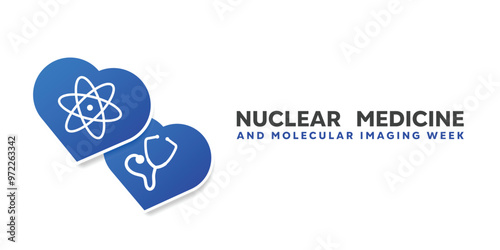 Nuclear Medicine and Molecular Imaging Week. Heart, icon science and stethoscope. Great for cards, banners, posters, social media and more. White background.