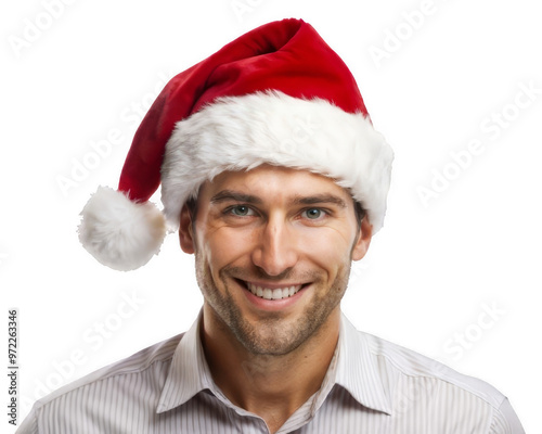 Smiling man wearing a santa hat solated on the white background