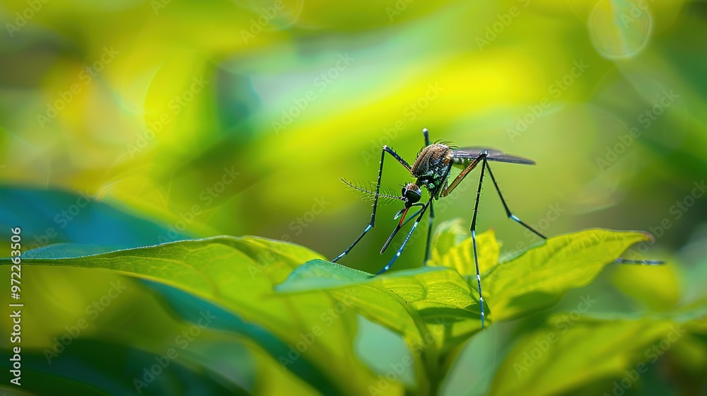 Mosquito resting on green leaf in forest setting, symbolizing potential transmission of West Nile virus, nature and health awareness concept. Mosquito resting on green leaf in forest setting, symbolizing potential transmission of West Nile virus, nature and health awareness concept.