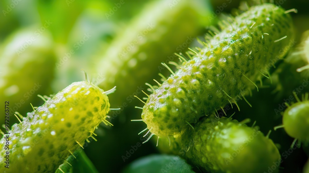 Naklejka premium Close-up of fresh green cucumbers with spiky skin, surrounded by vibrant green leaves, ideal for agricultural and food-related themes.